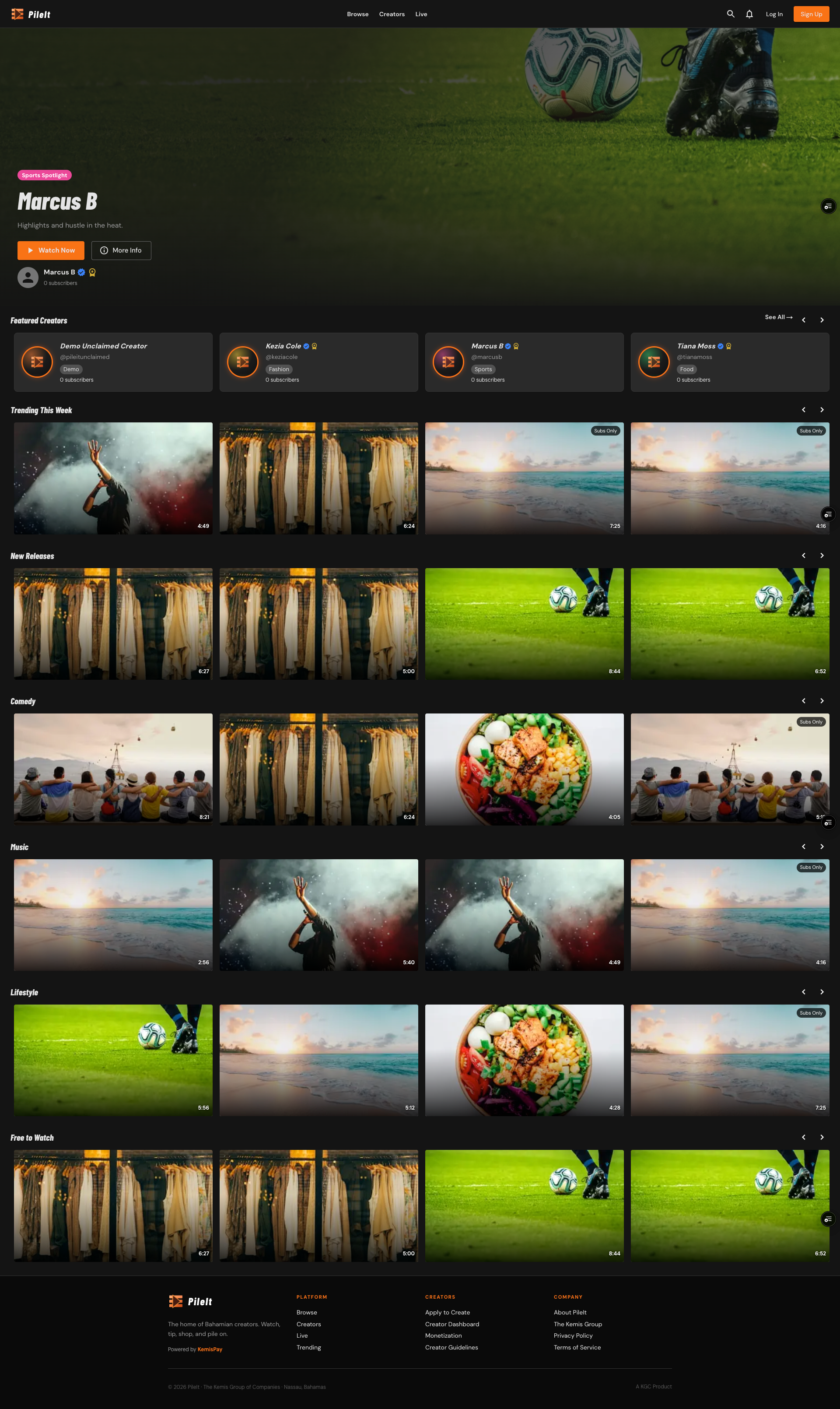PileIt — browse home, featured creators, and video rows